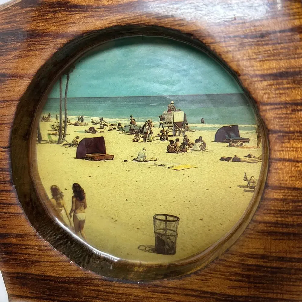 Belize Art Creations Wood Wall Plaque 1970s Island Beach Scene Print Porthole
